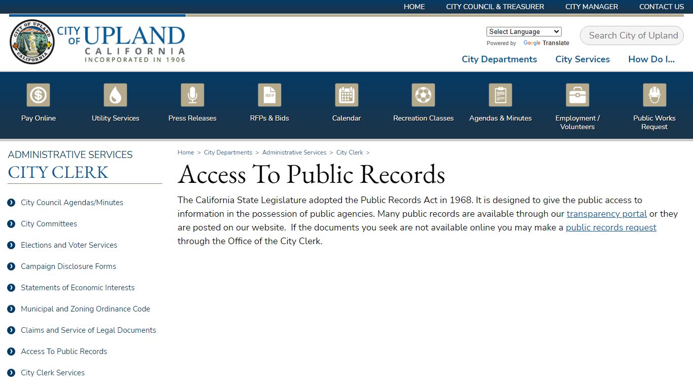 ess To Public Records - City of Upland